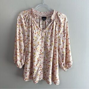 Wallpapher Pink Multicolor Mushroom Print Cottage Peasant Blouse Womens Medium